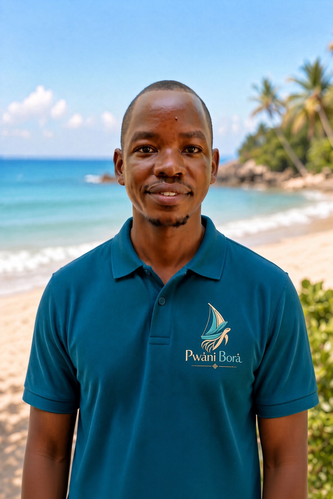 Portrait of Fanaka Tsofa standing on a sunny beach wearing a Pwani Bora polo shirt