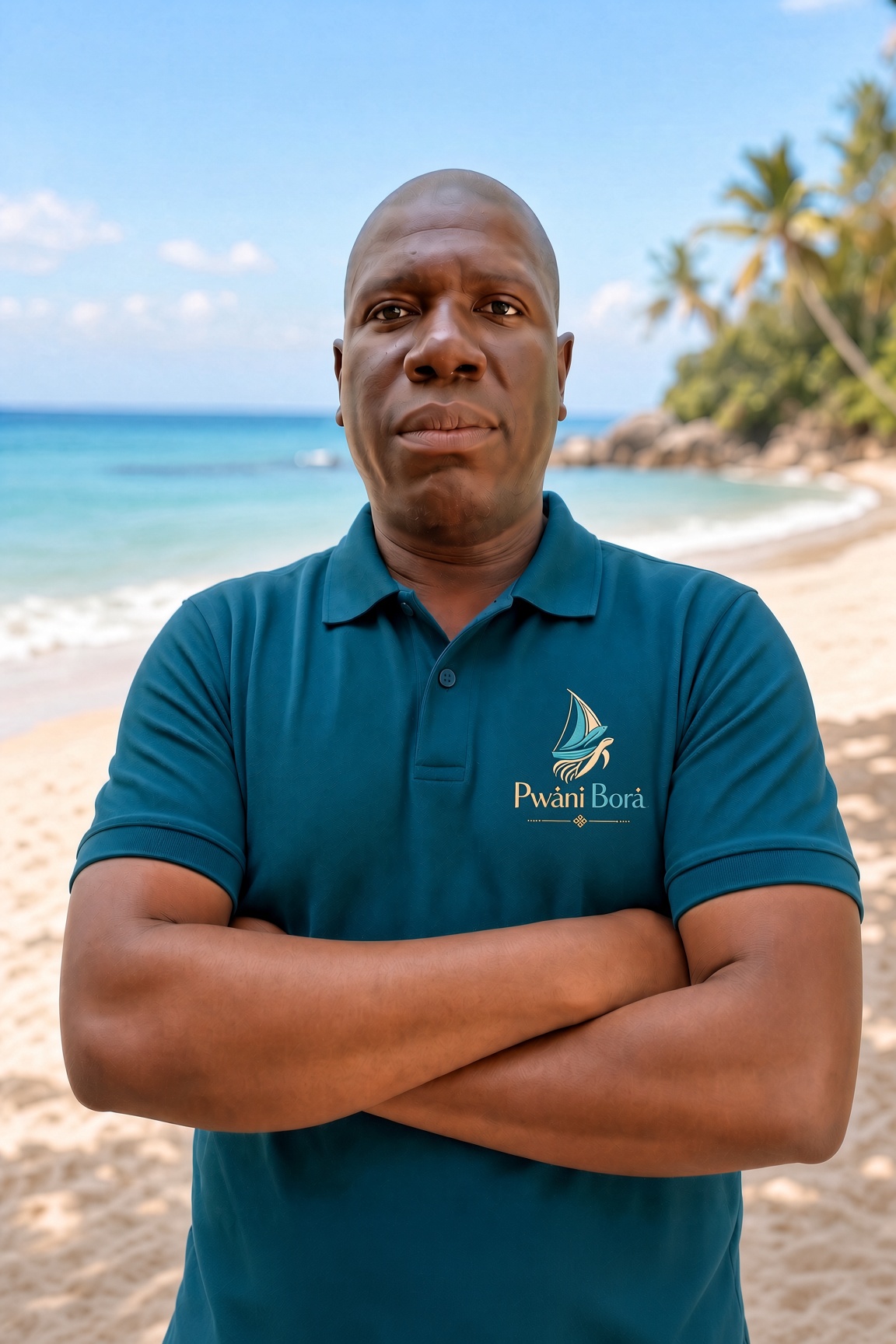 Portrait of Dickson Mwanguo standing on a sandy beach wearing a Pwani Bora polo shirt