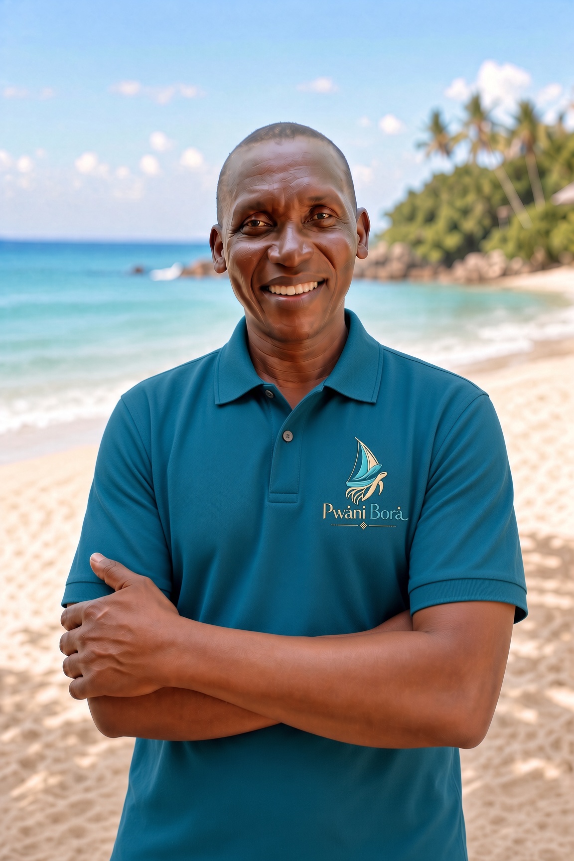 Portrait of Sammy Safari standing on a beach in a teal Pwani Bora polo shirt