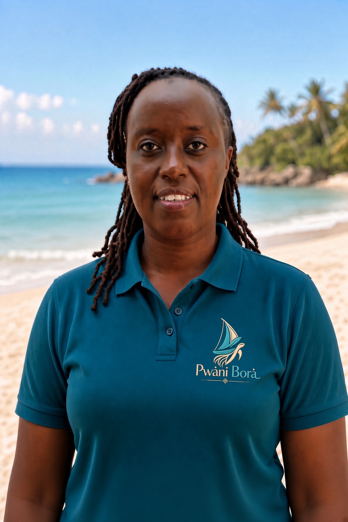Portrait of Grace Mwendwa on a beach wearing a Pwani Bora polo shirt