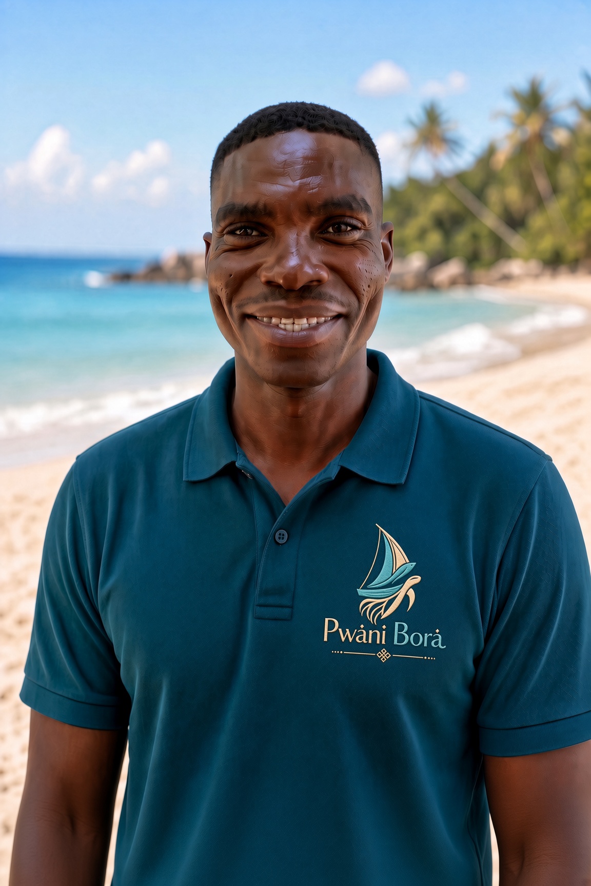 Portrait of MacDonald Kenga on a beach wearing a Pwani Bora polo shirt