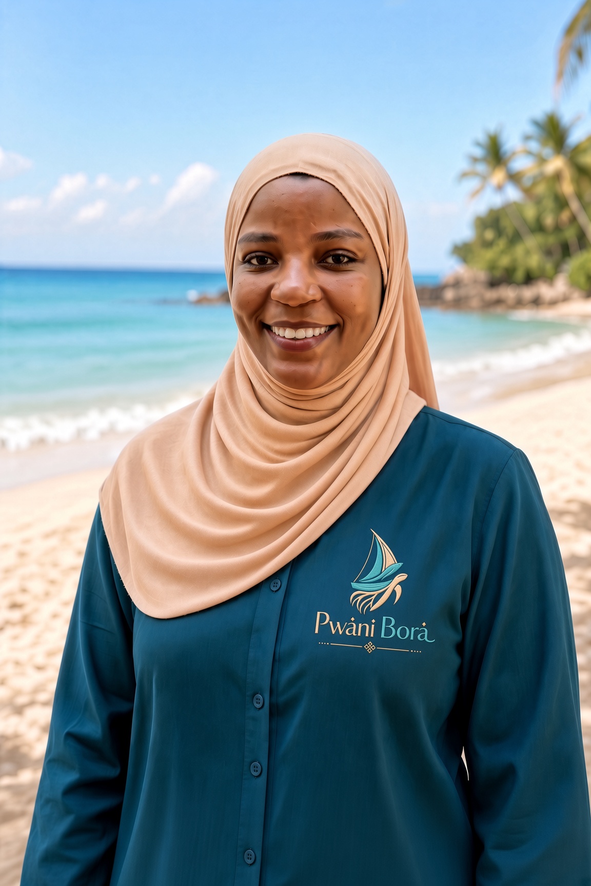 Portrait of Fatuma Mohamed standing on a beach wearing a beige hijab and Pwani Bora shirt