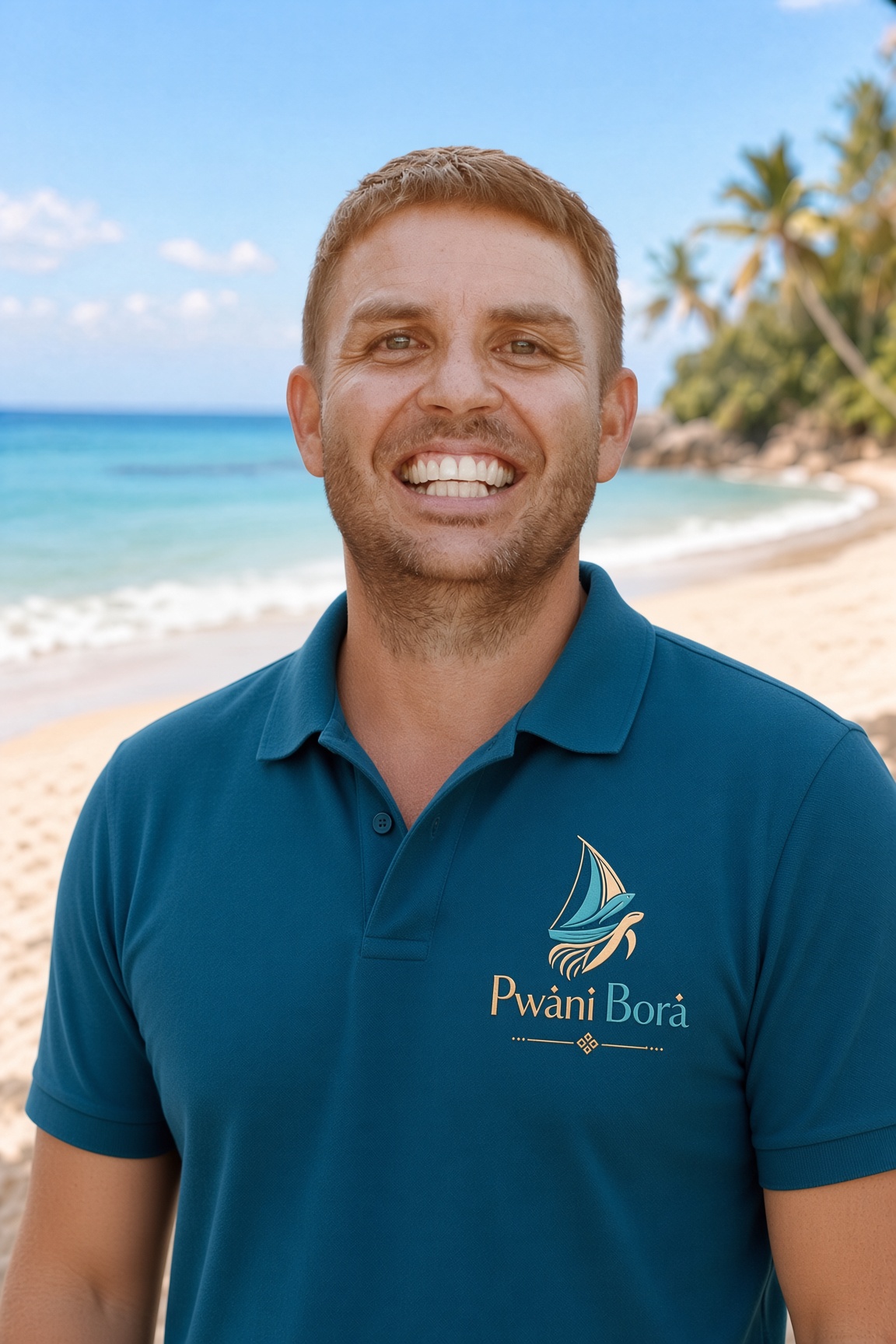 Portrait of Justin Beswick on a beach wearing a Pwani Bora polo shirt