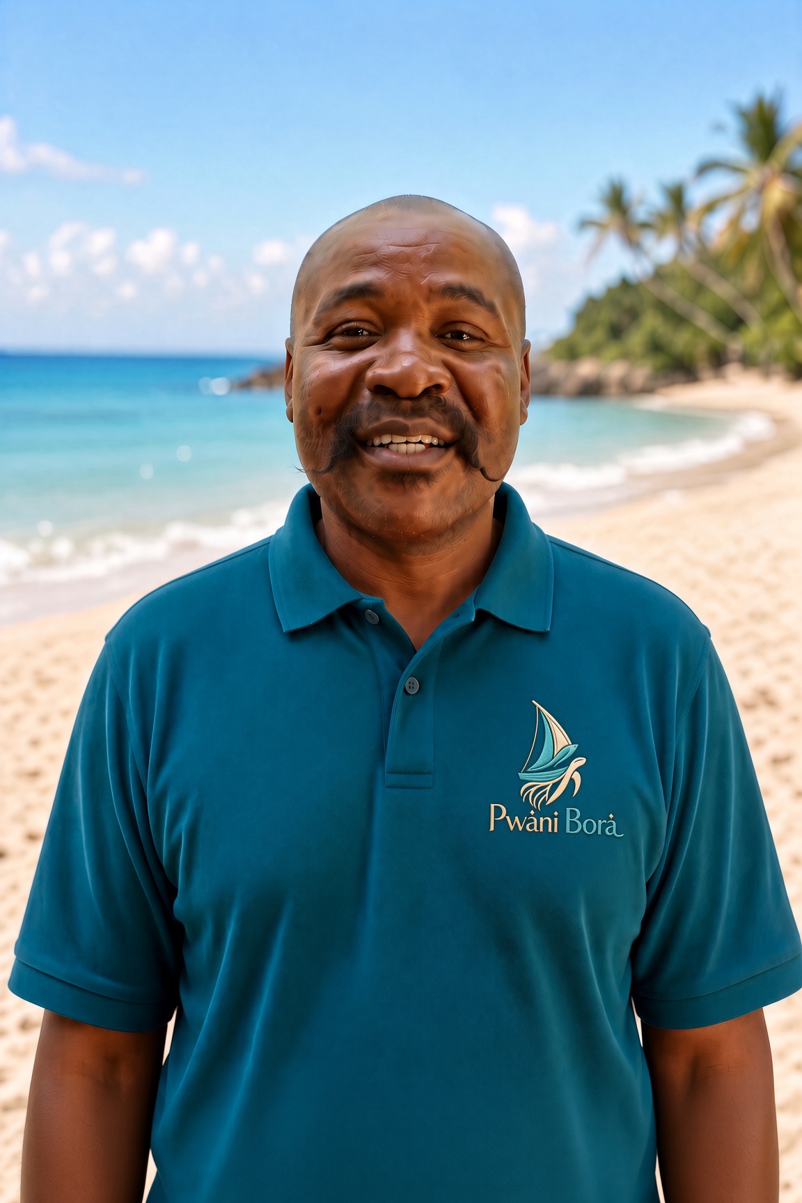 Portrait of Changawa Kahindi on a beach wearing a Pwani Bora polo shirt