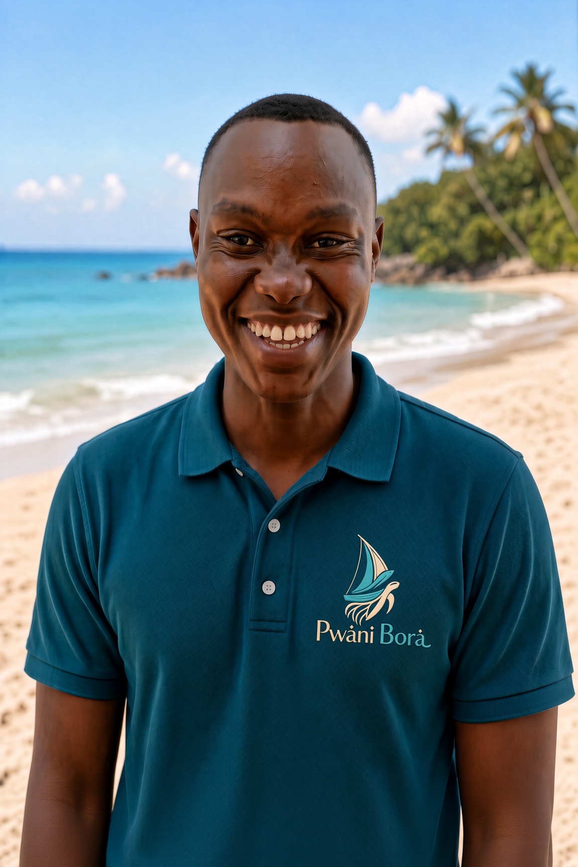 Portrait of Samuel Mangi on a sunny beach wearing a Pwani Bora polo shirt