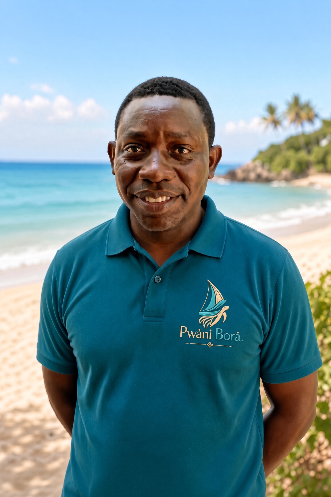 Portrait of Newton Shungu on a beach wearing a Pwani Bora polo shirt