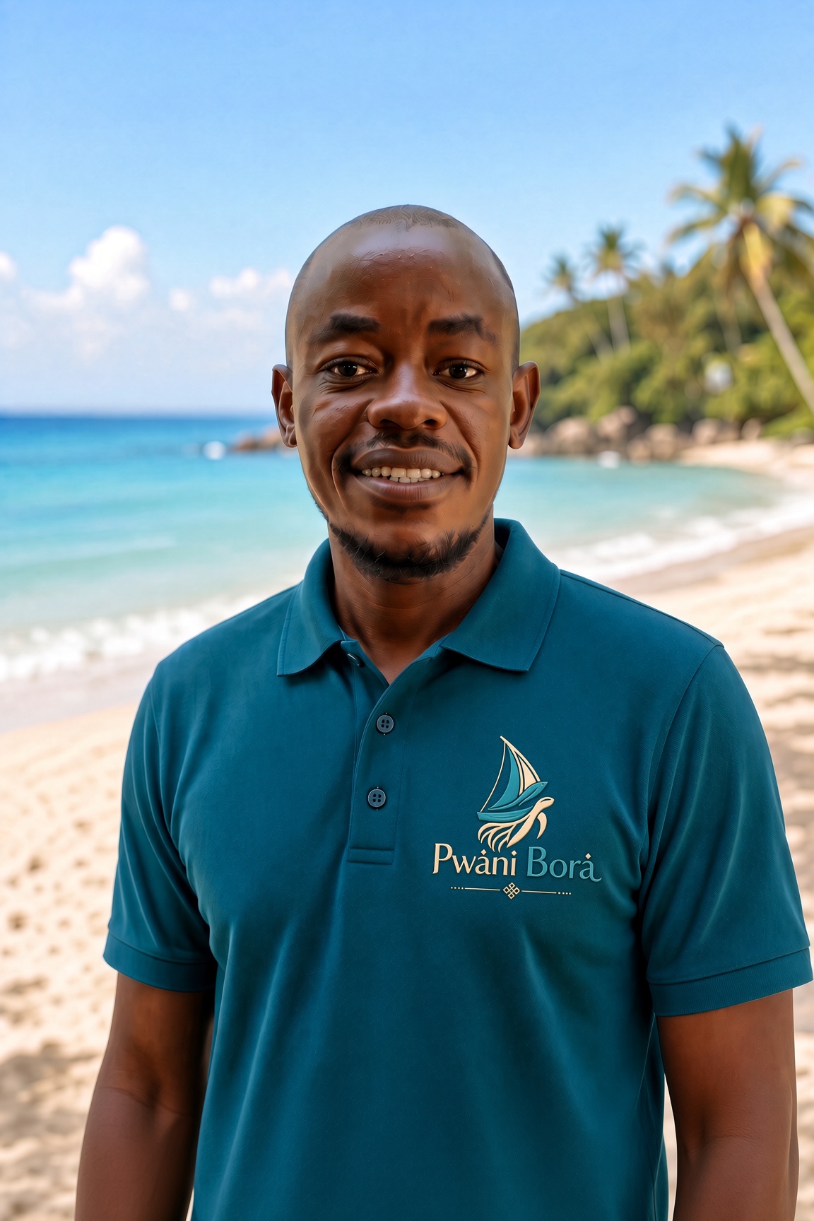 Portrait of Jefa Yaa on a beach wearing a Pwani Bora polo shirt